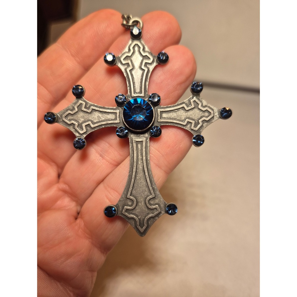 Gothic Cross Pendant Necklace Blue Crystal Antiqued Silver Tone Large Ornate